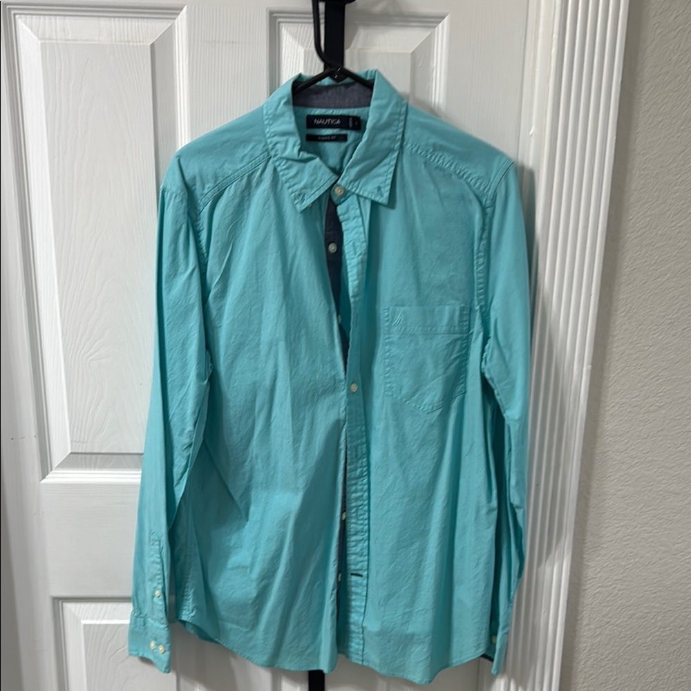 Nautica Blue Casual Button Down Shirt Classic Design